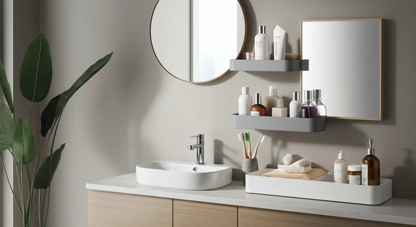 The bathroom shelf fix that stops counters taking over your morning | Generated by NanoBanana (generated-by-nanobanana)